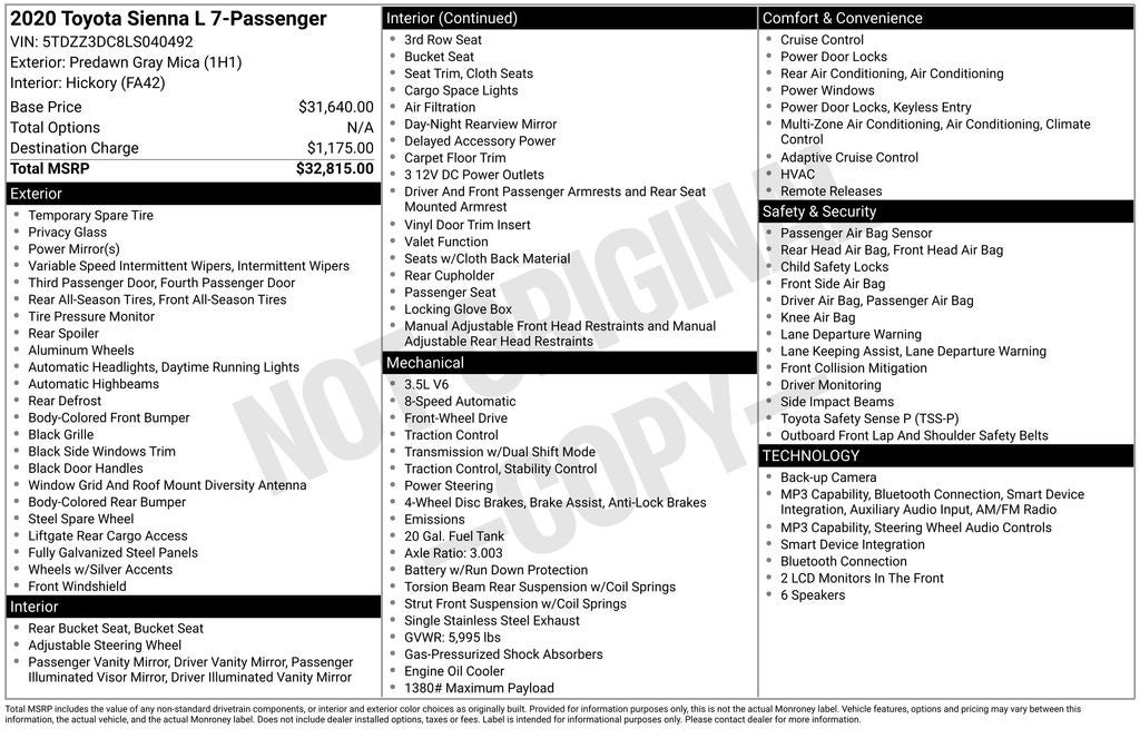 2020 Toyota Sienna L 7 Passenger